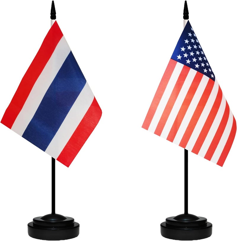 tibijoy USA American & Thailand Thai Desk Flags, US Thailand Small Mini Table Office Flag, Miniature Thai and US Desktop Flag With 13" Solid Black Pole, Black Base - Image 1